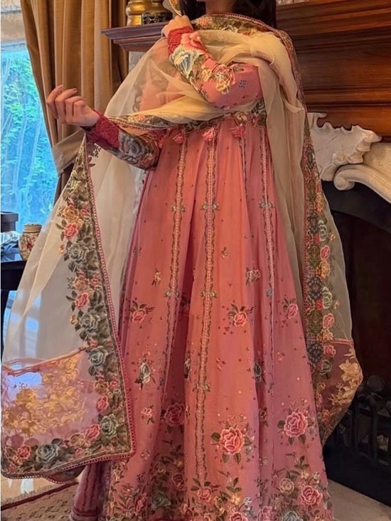 Hussain rehar Dresses & Skirts - Embroidered Pink Floral Maxi Dress with Ivory Dupatta